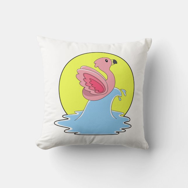Flamingo at Surfing on Water Throw Pillow (Front)