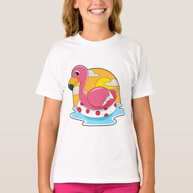 Flamingo at Swimming with Lifebuoy T-Shirt (Front)