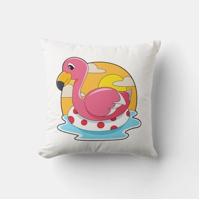 Flamingo at Swimming with Lifebuoy Throw Pillow (Front)