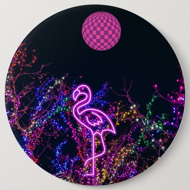 Flamingo at the dance party. 6 inch round button (Front)