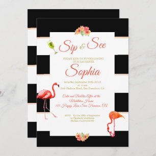 Flamingo Baby Black Pink Stripe Sip and See Invitation