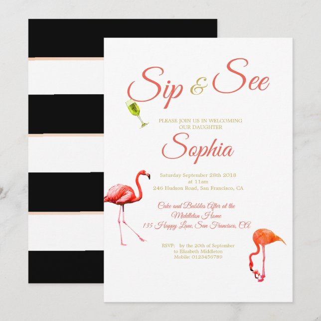 Flamingo Baby Black Stripe Sip and See Invitation (Front/Back)