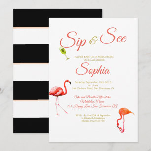 Flamingo Baby Black Stripe Sip and See Invitation