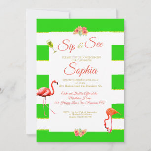 Flamingo Baby Non Gender Green Stripe Sip and See Invitation