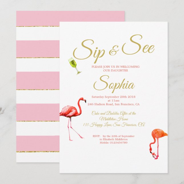 Flamingo Baby Pink Stripe Sip and See Invitation (Front/Back)