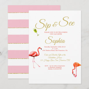 Flamingo Baby Pink Stripe Sip and See Invitation