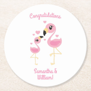 Flamingo Baby Shower Cute Tropical Round Paper Coaster