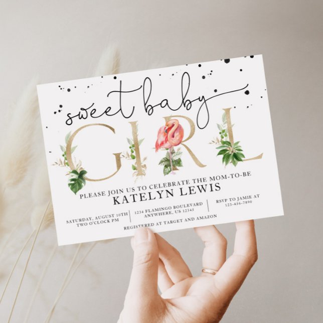 Flamingo Baby Shower Invitation with Palm Leaves (Creator Uploaded)