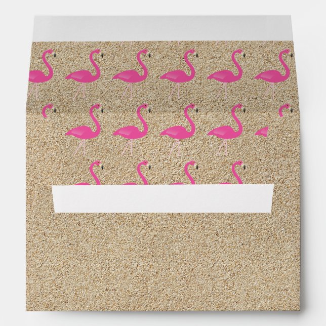 Flamingo Baby Shower Invite Envelope in beach sand (Back (Bottom))