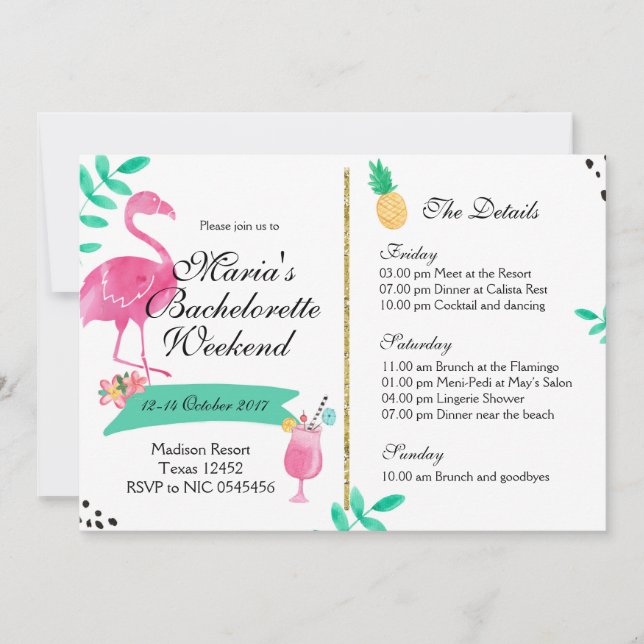 Flamingo Bachelorette Weekend Itinerary Invitation (Front)