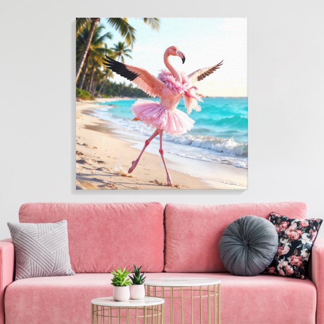 Flamingo Ballerina In a Pink Tutu On the Beach Canvas Print (Insitu(LivingRoom))