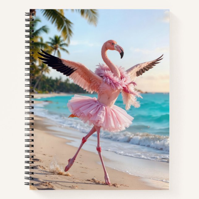 Flamingo Ballerina In a Pink Tutu On the Beach Notebook (Front)