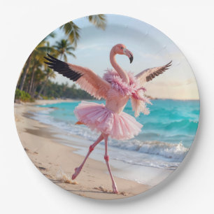 Flamingo Ballerina In a Pink Tutu On the Beach Paper Plate