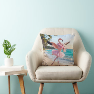 Flamingo Ballerina In a Pink Tutu On the Beach Throw Pillow