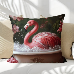 Flamingo Bathtub Floral Tropical Art Throw Pillow