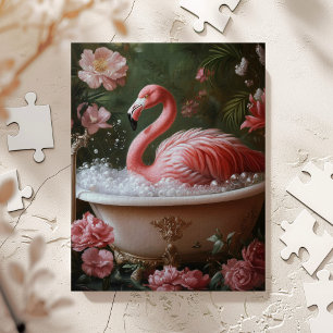 Flamingo Bathtub Floral Tropical Wall Art Jigsaw Puzzle