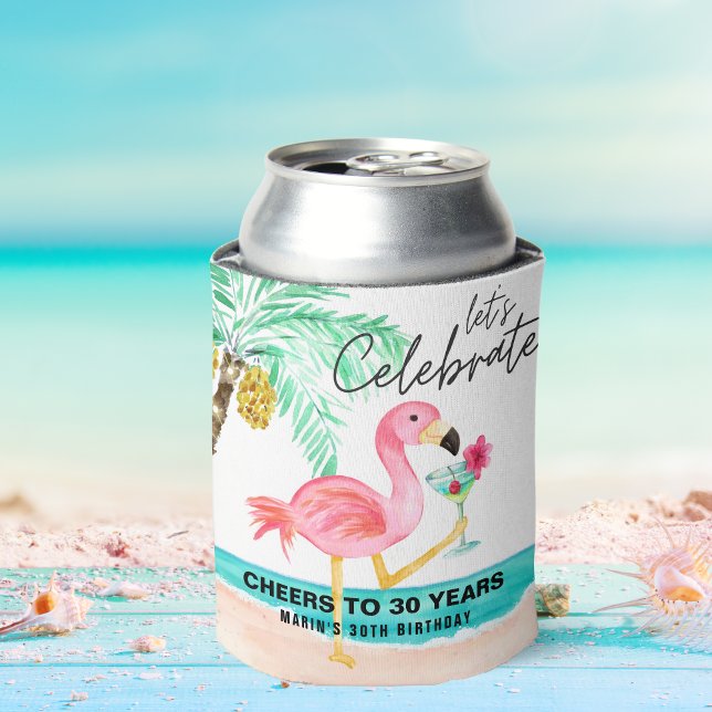 Flamingo Beach Party Tropical Palm Birthday Can Cooler (Creator Uploaded)