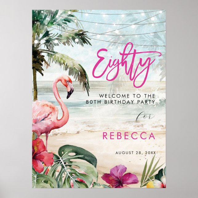 flamingo beach tropical eighty welcome sign poster (Front)