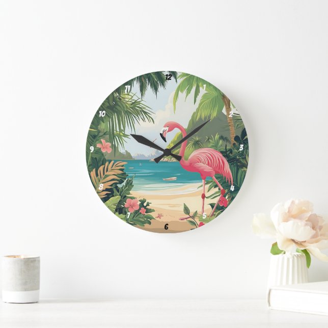 Flamingo Beach Tropical  Large Clock (Home)