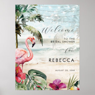 flamingo beach tropical palms welcome sign poster