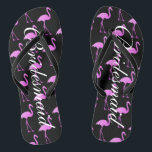 Flamingo beach wedding flip flops for bridesmaids<br><div class="desc">Elegant pink flamingo wedding flip flops for bridesmaids. Custom background and strap colour and personalized with name or monogram initials. Modern black and pink his and hers sandals with stylish script calligraphy typography. Cute party favour for beach theme wedding, marriage, bridal shower, engagement, anniversary, bbq, bachelorette, bachelor, girls weekend trip...</div>