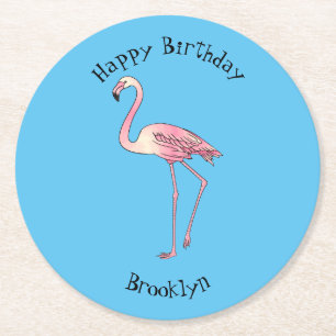 Flamingo bird cartoon illustration round paper coaster