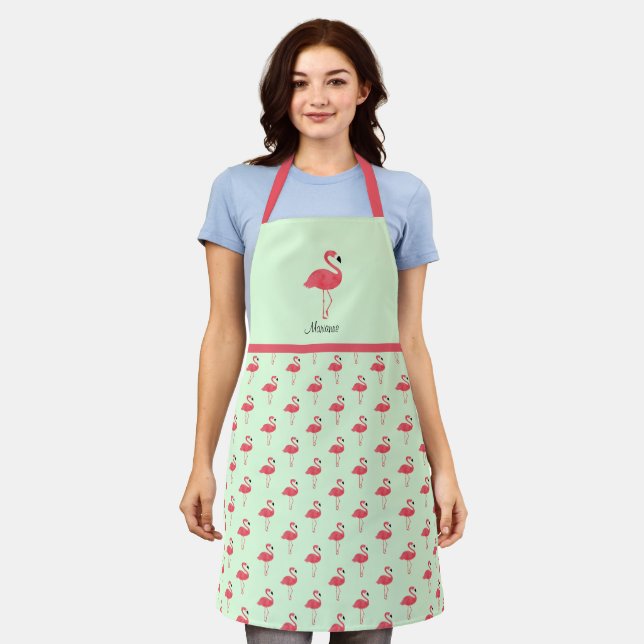 Flamingo Bird Pink Green Animal Pattern Apron (Worn)