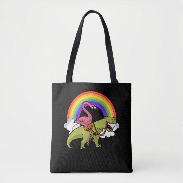 Flamingo Bird Riding T-Rex Dinosaur Rainbow Tote Bag (Front)
