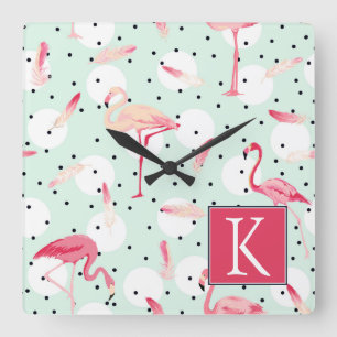 Flamingo Bird With Feathers Add Your Initial Square Wall Clock