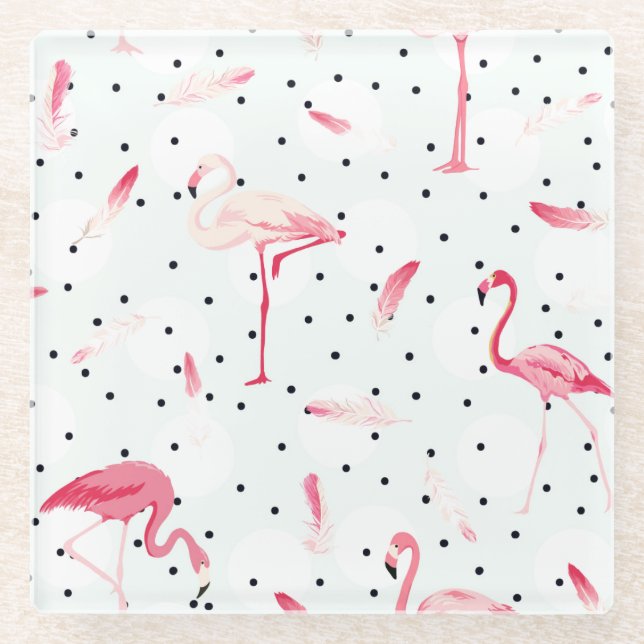 Flamingo Bird With Feathers Glass Coaster (Front)
