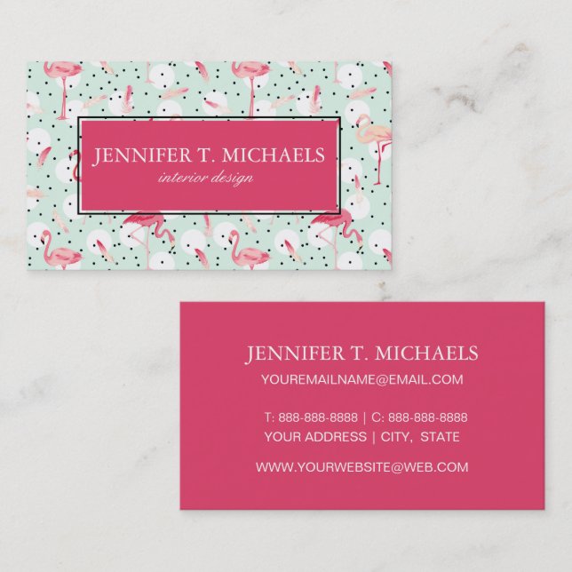Flamingo Bird With Feathers | Monogram Business Card (Front/Back)