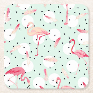 Flamingo Bird With Feathers Square Paper Coaster