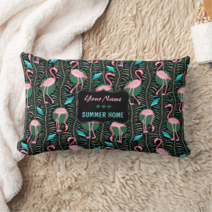 Flamingo Birds 20s Art Deco Ferns Summer Home Name Lumbar Pillow