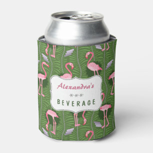 Flamingo Birds 20s Deco Fern Pattern Summer Custom Can Cooler