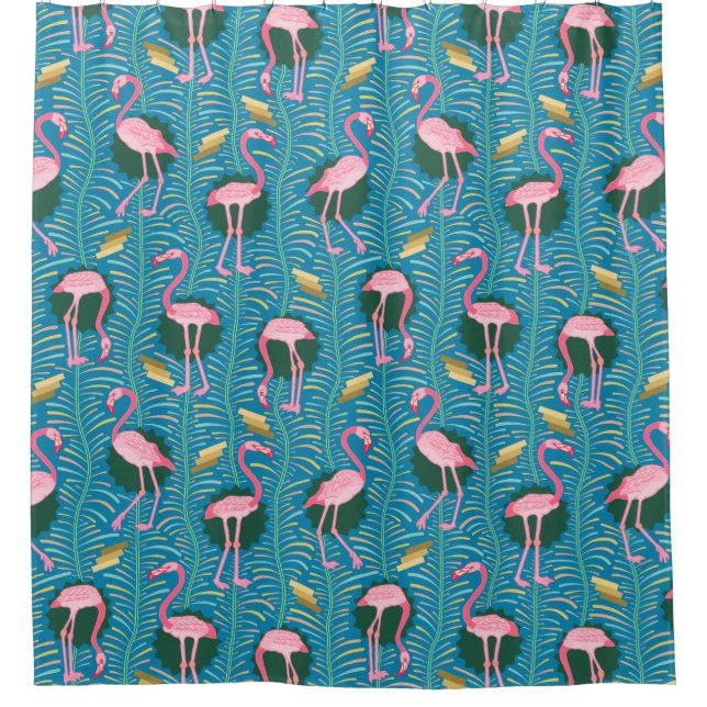 Flamingo Birds 20s Deco Ferns Blue Gold Tropical (Front)