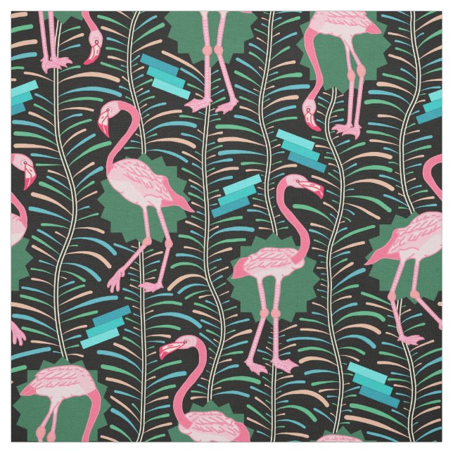 Flamingo Birds 20s Deco Ferns Pattern Black Green Fabric (Swatch)