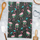 Flamingo Birds 20s Deco Ferns Pattern Black Green Kitchen Towel<br><div class="desc">This elegant flamingo bird pattern decorative design is made in a retro 20s Art Deco style. The bright pink flamingos rest against a background that includes fern fronds in bold colours and geometric rectangular shapes in shades of teal green / turquoise blue, all on a backdrop of black. This original,...</div>