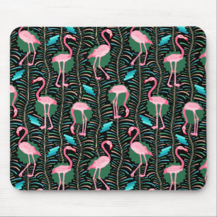 Flamingo Birds 20s Deco Ferns Pattern Black Green Mouse Pad