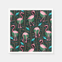 Flamingo Birds 20s Deco Ferns Pattern Black Green