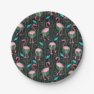 Flamingo Birds 20s Deco Ferns Pattern Black Green Paper Plate