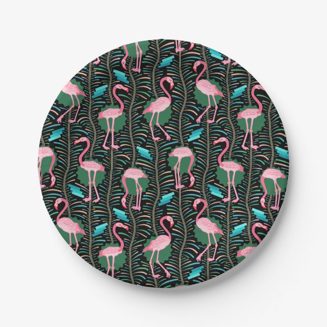 Flamingo Birds 20s Deco Ferns Pattern Black Green Paper Plate (Front)