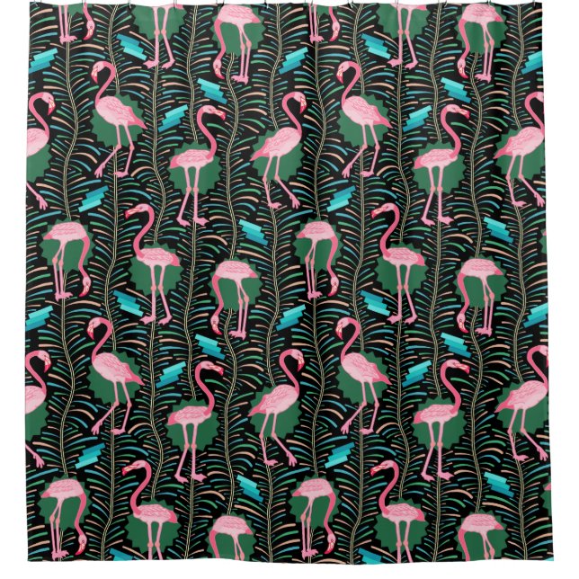 Flamingo Birds 20s Deco Ferns Pattern Black Pink (Front)