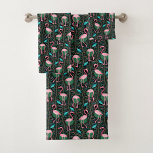 Flamingo Birds 20s Deco Ferns Pattern Black Pink Bath Towel Set