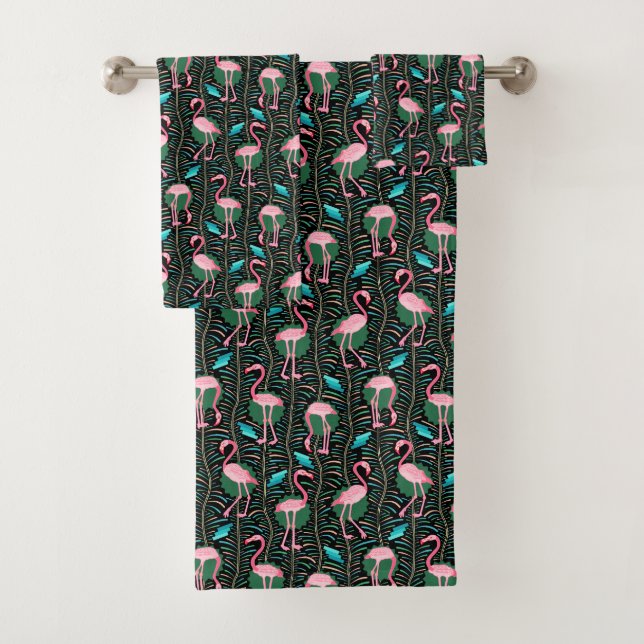 Flamingo Birds 20s Deco Ferns Pattern Black Pink Bath Towel Set (Insitu)