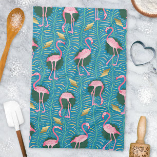 Flamingo Birds 20s Deco Ferns Pattern Blue Gold Kitchen Towel