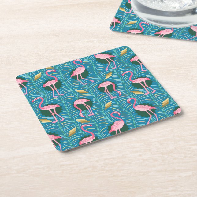 Flamingo Birds 20s Deco Ferns Pattern Blue Gold Square Paper Coaster (Angled)