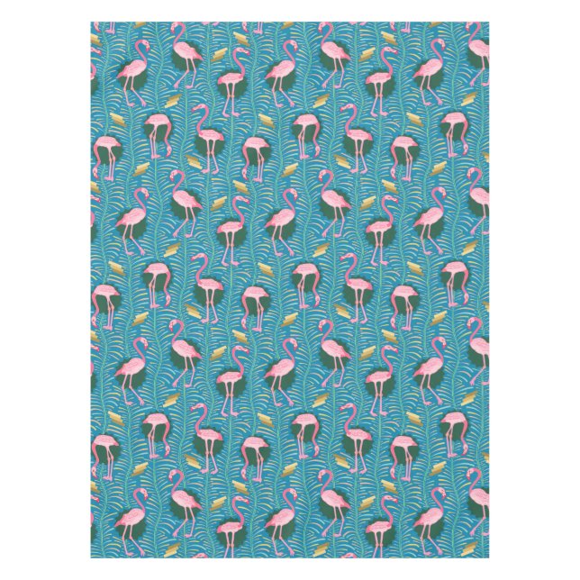 Flamingo Birds 20s Deco Ferns Pattern Blue Gold Tablecloth (Front)