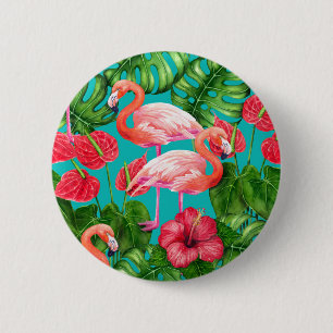 Flamingo birds and tropical garden watercolor 2 inch round button