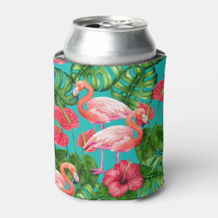 Flamingo birds and tropical garden watercolor can cooler