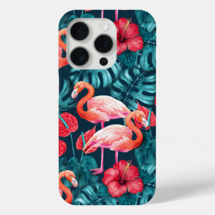 Flamingo birds and tropical garden watercolor iPhone 15 pro case